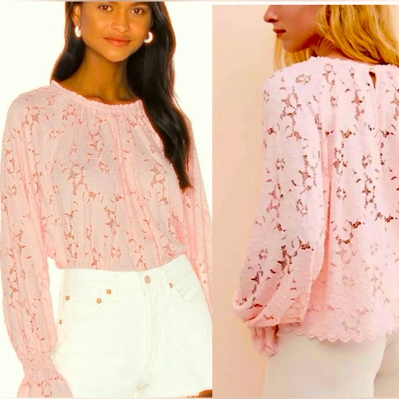 Free People Tops - NWT Free People Olivia Lace Top blouse Edwardian sleeves Shirt XS powder pink